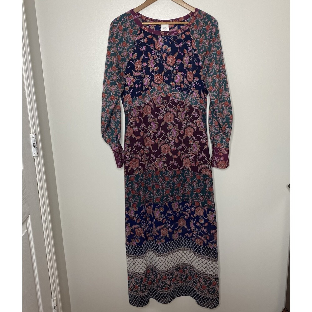 CAbi Maxi Dress 3675 Festive Floral Boho Long Sleeves Front Key Hole Size Medium